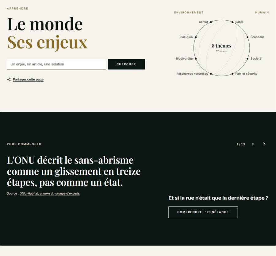 La page Enjeux mondiaux : les huit thèmes, la recherche et un premier fait