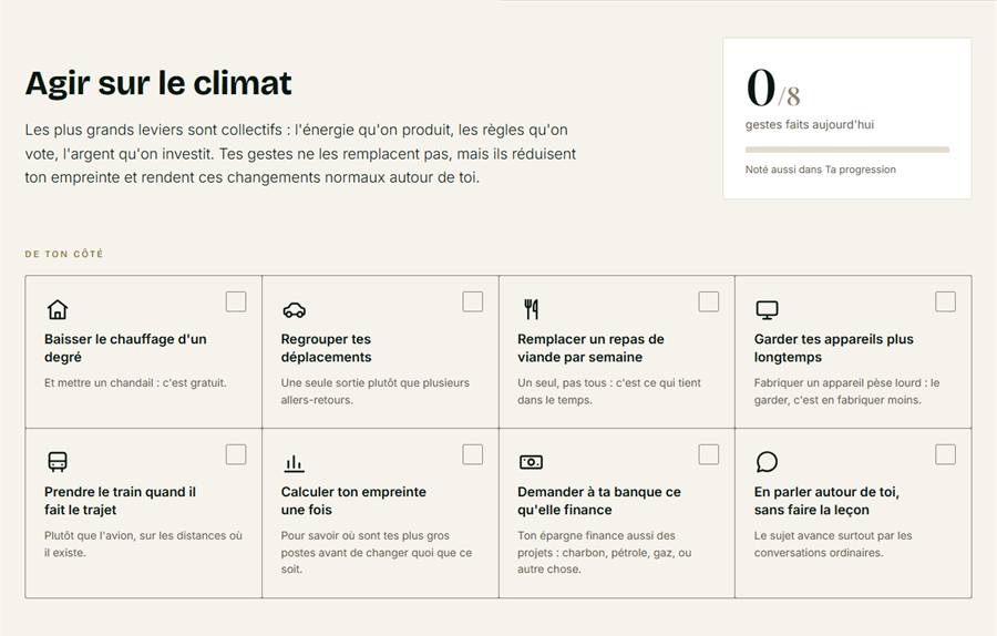 Le thème Climat, onglet Agir : les gestes à cocher